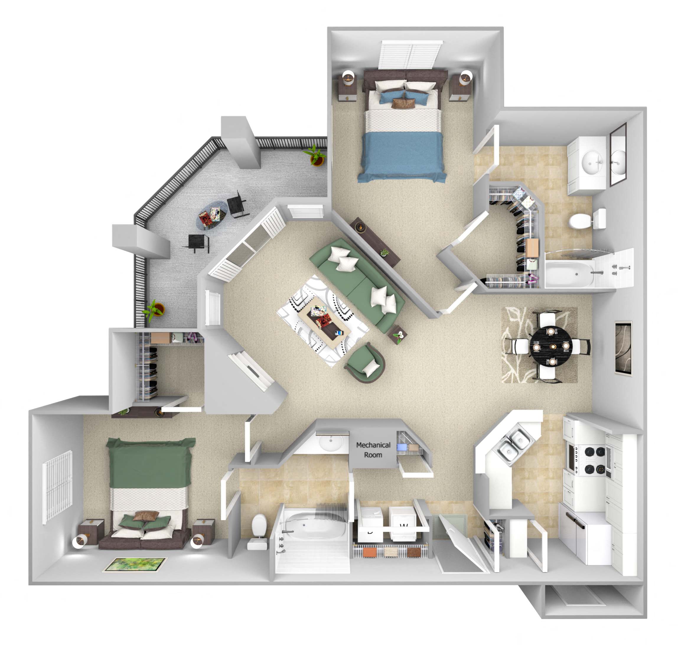 Floor plan for 2 beds, 2 baths, 1137 sqft